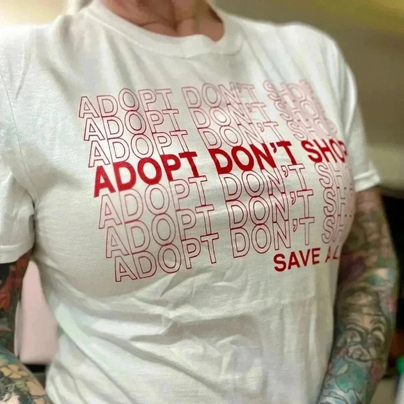 NWT hand screen printed Adopt don’t shop “Thank you” bag white tee all sizes - Picture 1 of 9